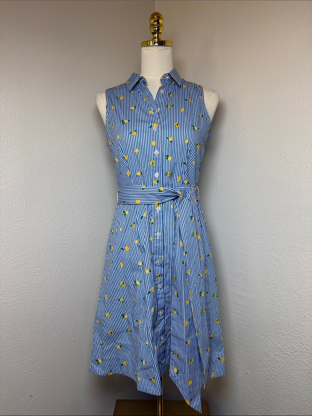 J Crew Factory Blue Stripe Shirt Dress with Lemon & Flower Print
